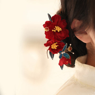 Foviel Chinesische Hochzeit rote Blume Schmetterling Haarkamm Haarnadel Barrette