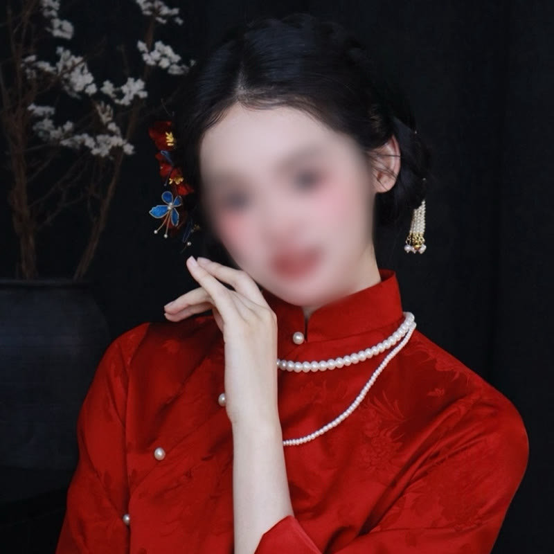 Foviel Chinesische Hochzeit rote Blume Schmetterling Haarkamm Haarnadel Barrette