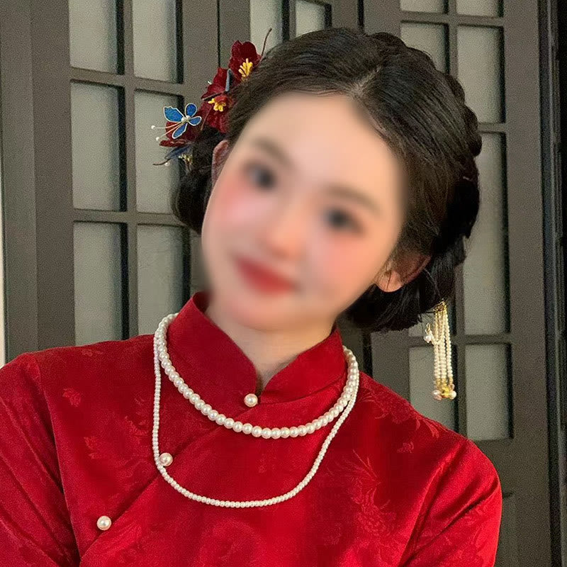 Foviel Chinesische Hochzeit rote Blume Schmetterling Haarkamm Haarnadel Barrette
