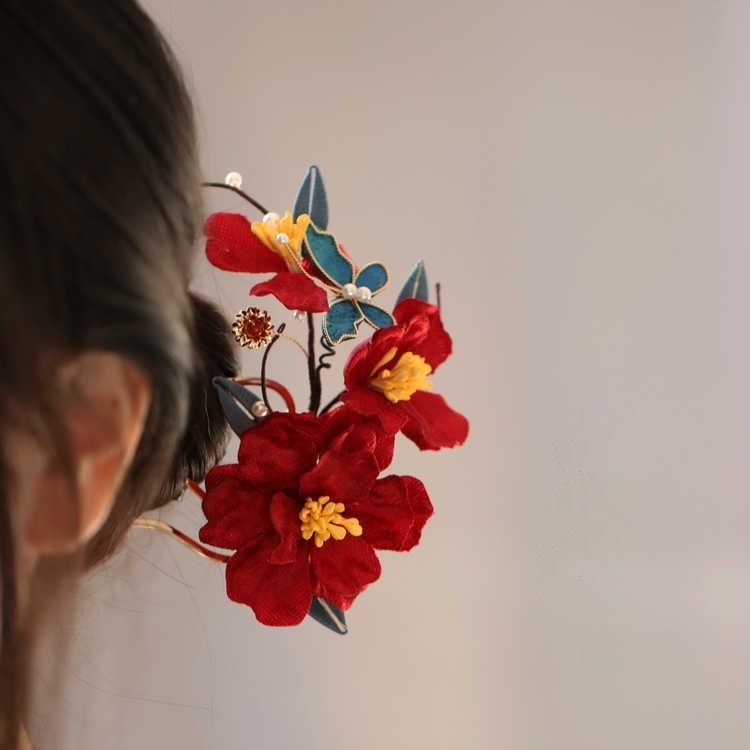 Foviel Chinesische Hochzeit rote Blume Schmetterling Haarkamm Haarnadel Barrette