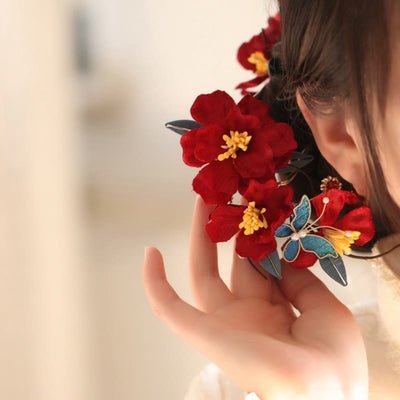 Foviel Chinesische Hochzeit rote Blume Schmetterling Haarkamm Haarnadel Barrette