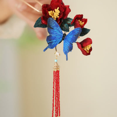 Foviel Klassische chinesische Stil rote Blume blau Schmetterling Haarnadel