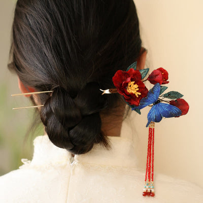 Foviel Klassische chinesische Stil rote Blume blau Schmetterling Haarnadel