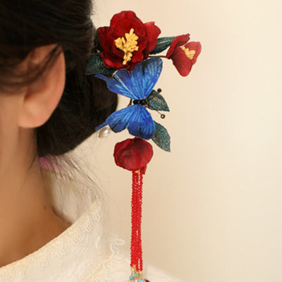 Foviel Klassische chinesische Stil rote Blume blau Schmetterling Haarnadel
