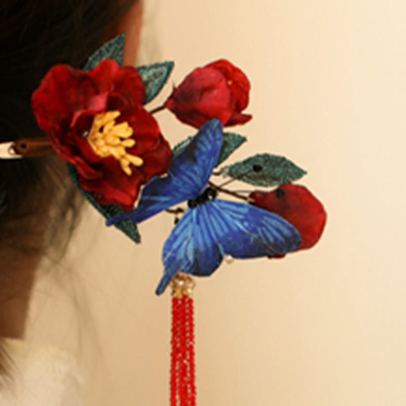 Foviel Klassische chinesische Stil rote Blume blau Schmetterling Haarnadel