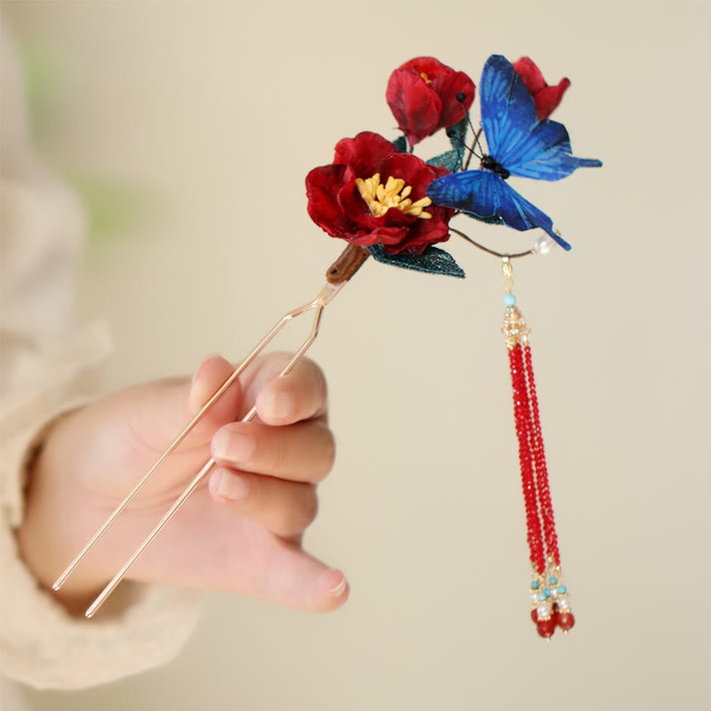 Foviel Klassische chinesische Stil rote Blume blau Schmetterling Haarnadel