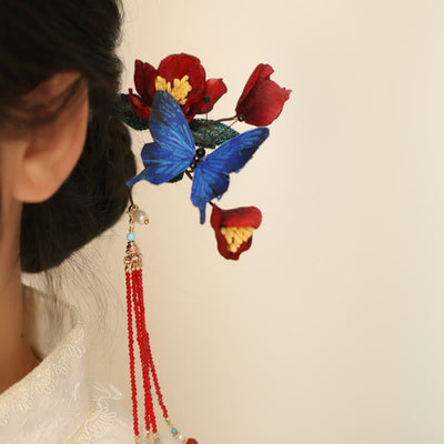 Foviel Klassische chinesische Stil rote Blume blau Schmetterling Haarnadel