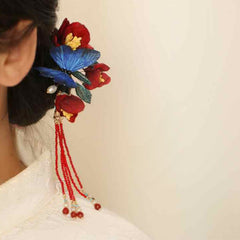 Foviel Klassische chinesische Stil rote Blume blau Schmetterling Haarnadel