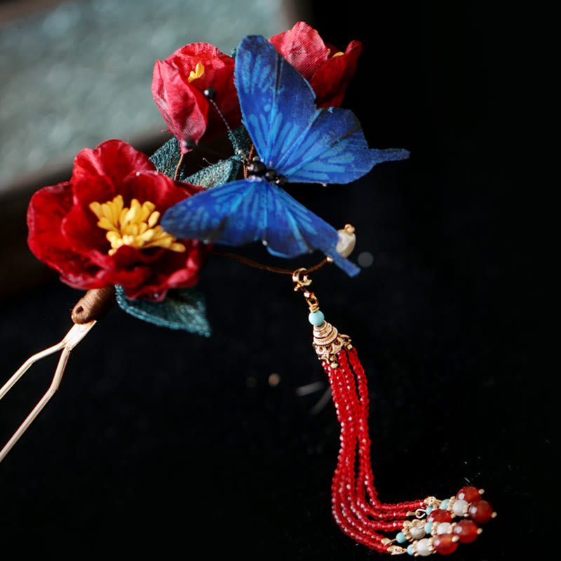 Foviel Klassische chinesische Stil rote Blume blau Schmetterling Haarnadel