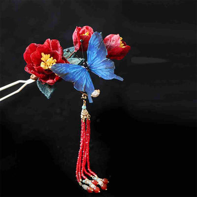 Foviel Klassische chinesische Stil rote Blume blau Schmetterling Haarnadel