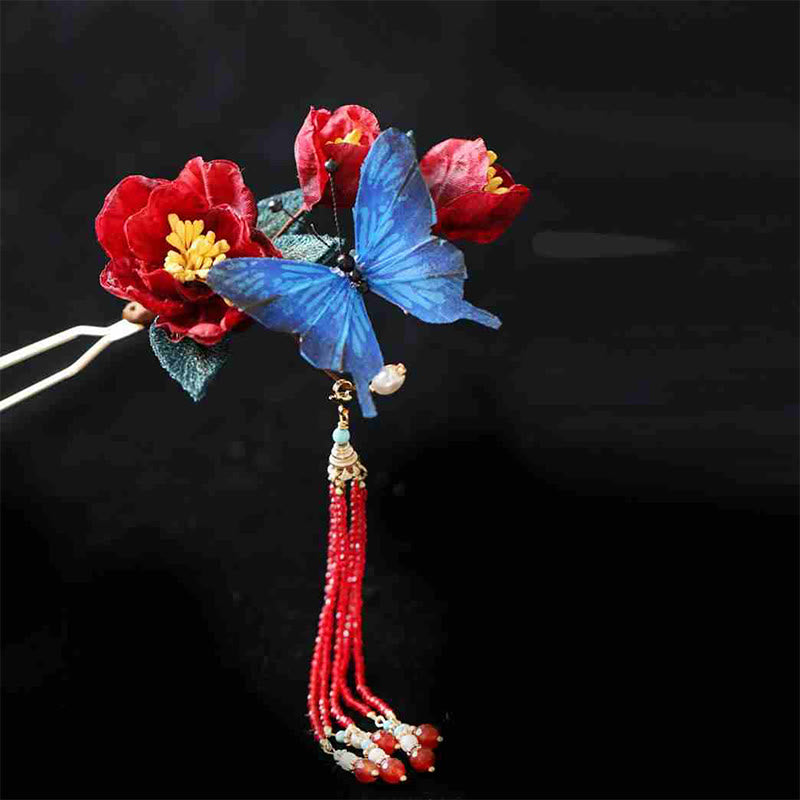 Foviel Klassische chinesische Stil rote Blume blau Schmetterling Haarnadel