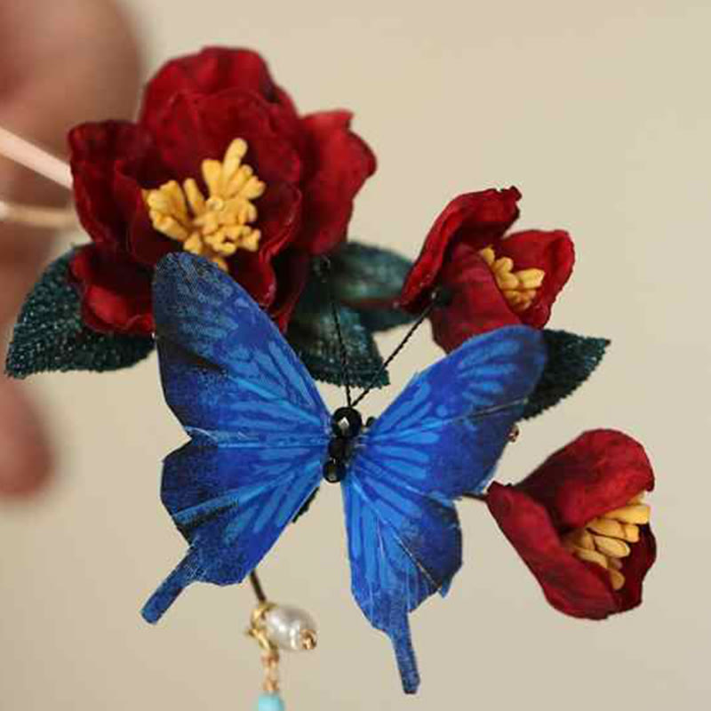 Foviel Klassische chinesische Stil rote Blume blau Schmetterling Haarnadel