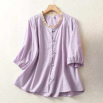 Buddha Stones Casual Plain Frog-Button Women's Ruffle Collar Design Half Sleeve Cotton Linen Shirt - Plum - US8-10，UK/AU12-14，EU40-42 (2XL) - image 7