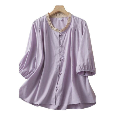 Buddha Stones Casual Plain Frog-Button Women's Ruffle Collar Design Half Sleeve Cotton Linen Shirt - image 8