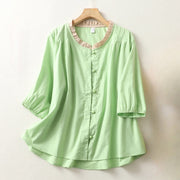 Foviel Casual Plain Frog-Button Women's Ruffle Collar Design Half Sleeve Cotton Linen Shirt