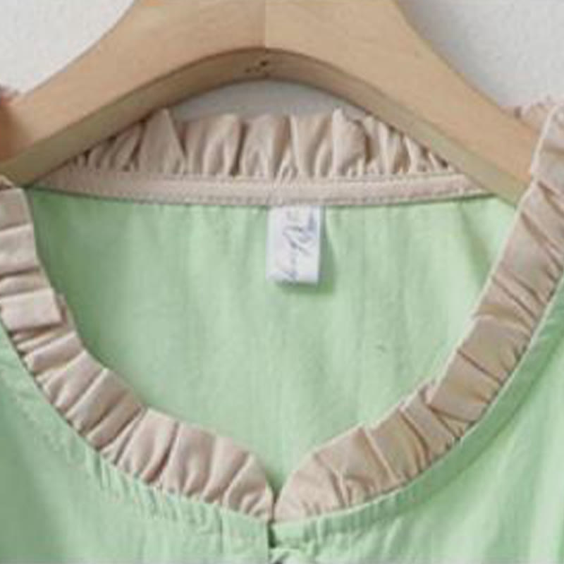 Buddha Stones Casual Plain Frog-Button Women's Ruffle Collar Design Half Sleeve Cotton Linen Shirt - image 16