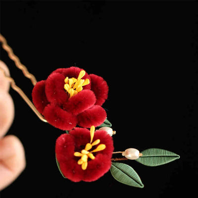 Foviel Classical Chinese Style Red Flower Blue Butterfly Hairpin Hair Comb Barrette
