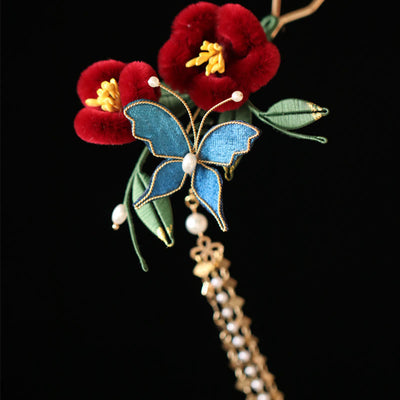 Foviel Classical Chinese Style Red Flower Blue Butterfly Hairpin Hair Comb Barrette