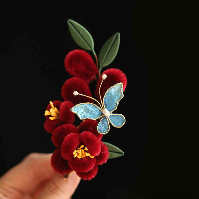 Foviel Classical Chinese Style Red Flower Blue Butterfly Hairpin Hair Comb Barrette