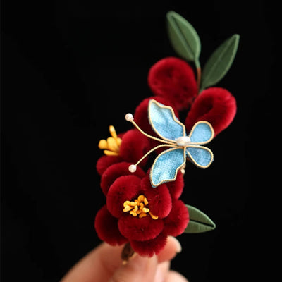 Foviel Classical Chinese Style Red Flower Blue Butterfly Hairpin Hair Comb Barrette