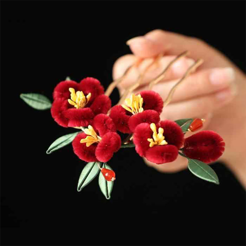 Foviel Classical Chinese Style Red Flower Blue Butterfly Hairpin Hair Comb Barrette
