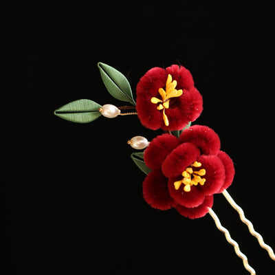 Foviel Classical Chinese Style Red Flower Blue Butterfly Hairpin Hair Comb Barrette