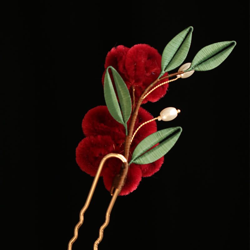 Foviel Classical Chinese Style Red Flower Blue Butterfly Hairpin Hair Comb Barrette