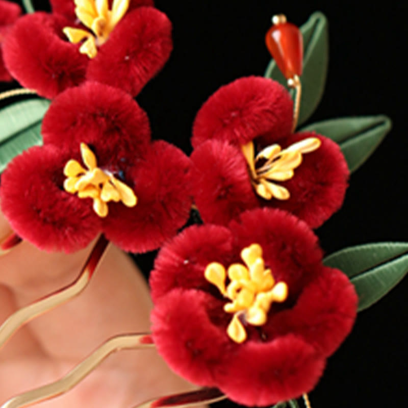 Foviel Classical Chinese Style Red Flower Blue Butterfly Hairpin Hair Comb Barrette
