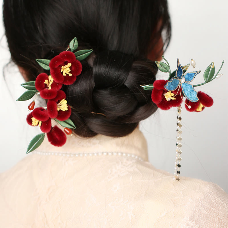 Foviel Classical Chinese Style Red Flower Blue Butterfly Hairpin Hair Comb Barrette