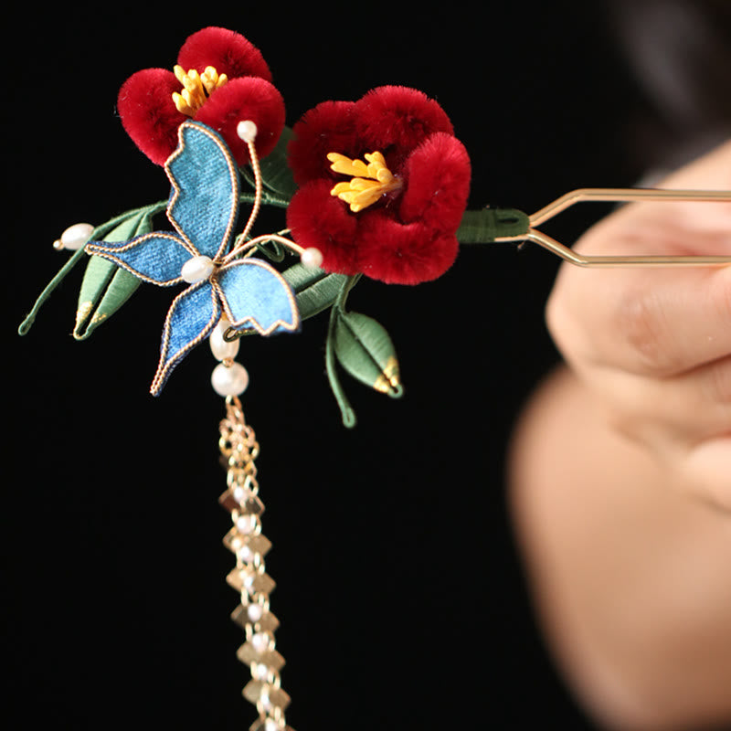 Foviel Classical Chinese Style Red Flower Blue Butterfly Hairpin Hair Comb Barrette