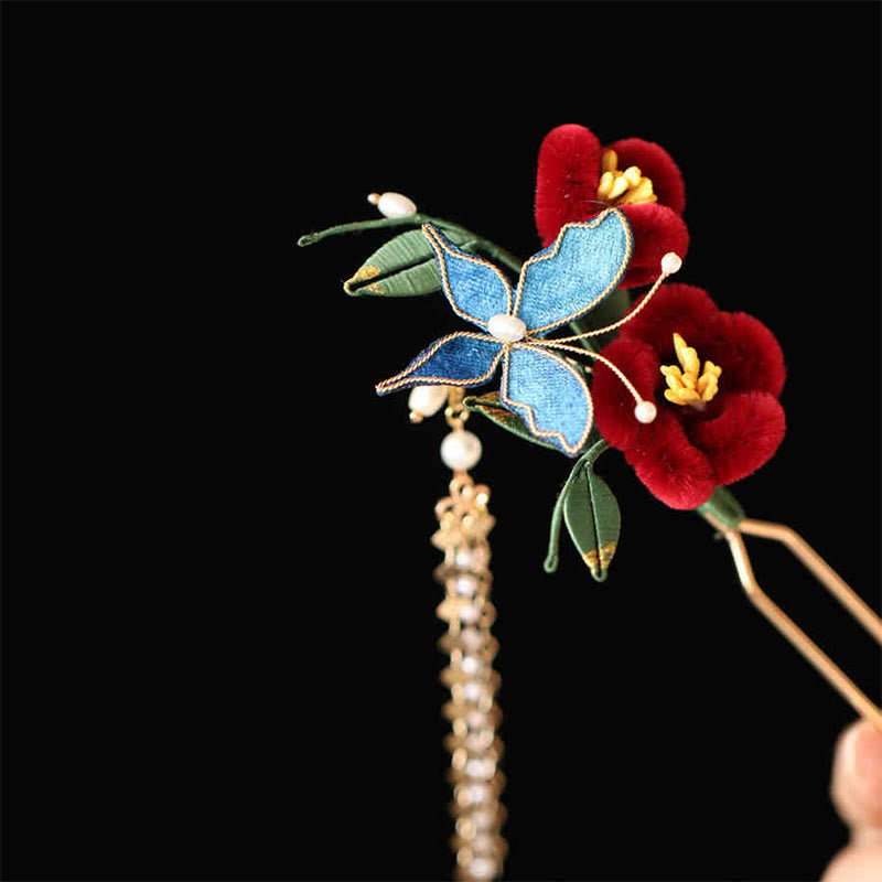 Foviel Classical Chinese Style Red Flower Blue Butterfly Hairpin Hair Comb Barrette