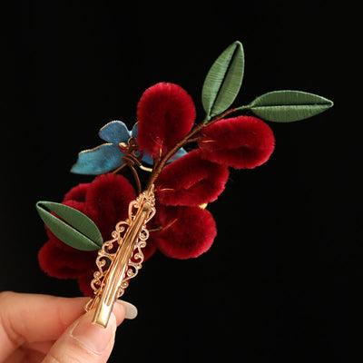 Foviel Classical Chinese Style Red Flower Blue Butterfly Hairpin Hair Comb Barrette