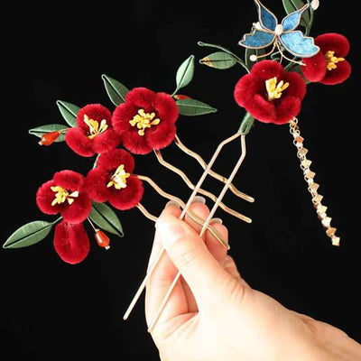 Foviel Classical Chinese Style Red Flower Blue Butterfly Hairpin Hair Comb Barrette