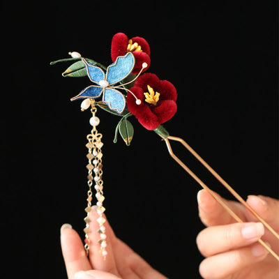 Foviel Classical Chinese Style Red Flower Blue Butterfly Hairpin Hair Comb Barrette