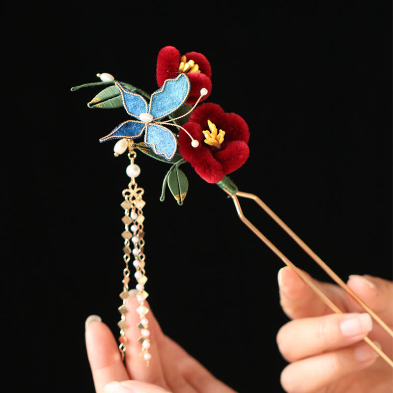 Foviel Classical Chinese Style Red Flower Blue Butterfly Hairpin Hair Comb Barrette
