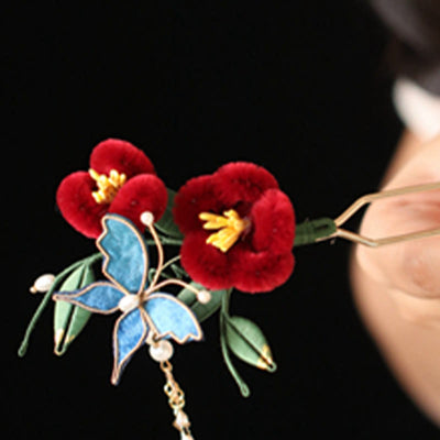 Foviel Classical Chinese Style Red Flower Blue Butterfly Hairpin Hair Comb Barrette