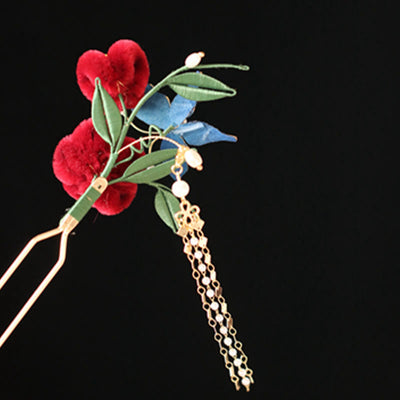 Foviel Classical Chinese Style Red Flower Blue Butterfly Hairpin Hair Comb Barrette