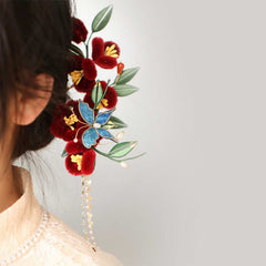 Foviel Classical Chinese Style Red Flower Blue Butterfly Hairpin Hair Comb Barrette