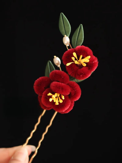 Foviel Classical Chinese Style Red Flower Blue Butterfly Hairpin Hair Comb Barrette