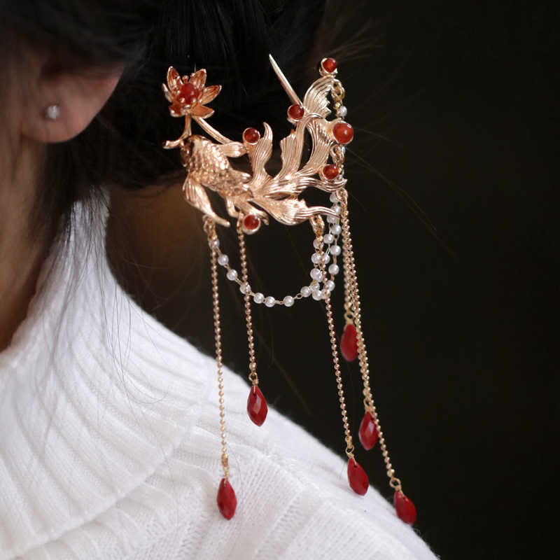 Foviel Chinese Style Koi Fish Flower Tassel Red Agate Copper Gold Plated Hairpin Hair Comb