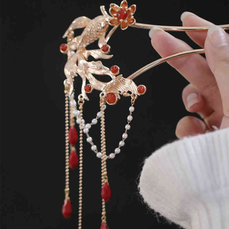 Foviel Chinese Style Koi Fish Flower Tassel Red Agate Copper Gold Plated Hairpin Hair Comb
