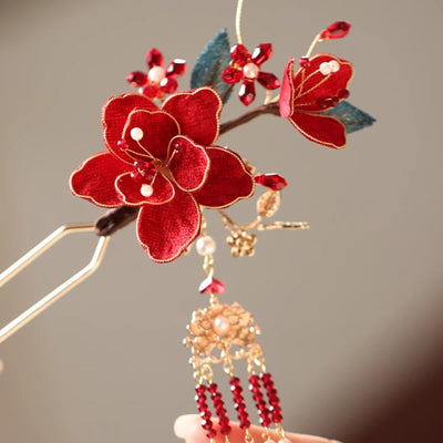 Foviel Classical Chinese Style Red Flower Butterfly Tassel Hair Comb Hairpin