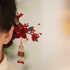 Foviel Classical Chinese Style Red Flower Butterfly Tassel Hair Comb Hairpin