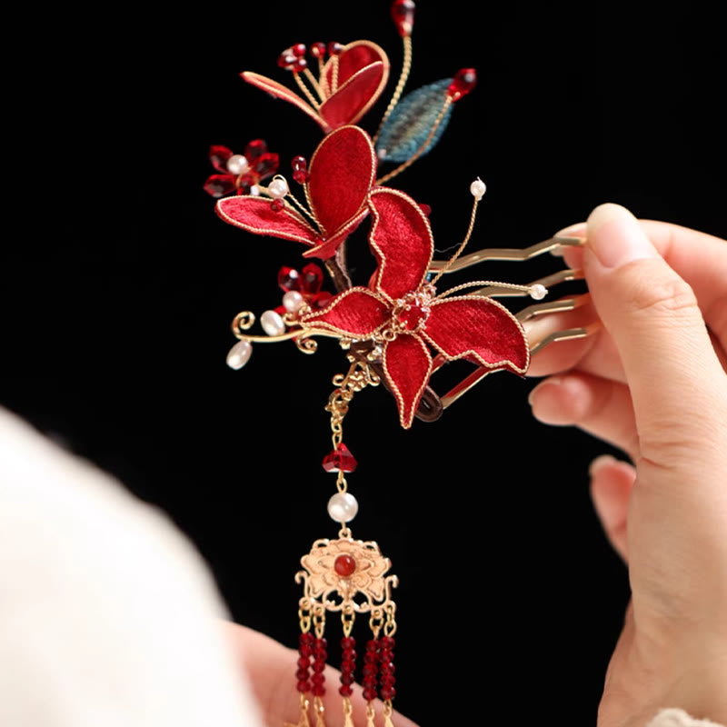 Foviel Classical Chinese Style Red Flower Butterfly Tassel Hair Comb Hairpin
