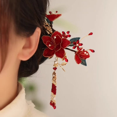Foviel Classical Chinese Style Red Flower Butterfly Tassel Hair Comb Hairpin