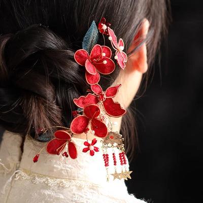 Foviel Classical Chinese Style Red Flower Butterfly Tassel Hair Comb Hairpin