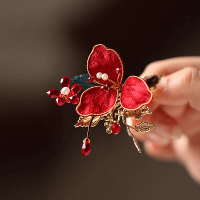 Foviel Classical Chinese Style Red Flower Butterfly Tassel Hair Comb Hairpin