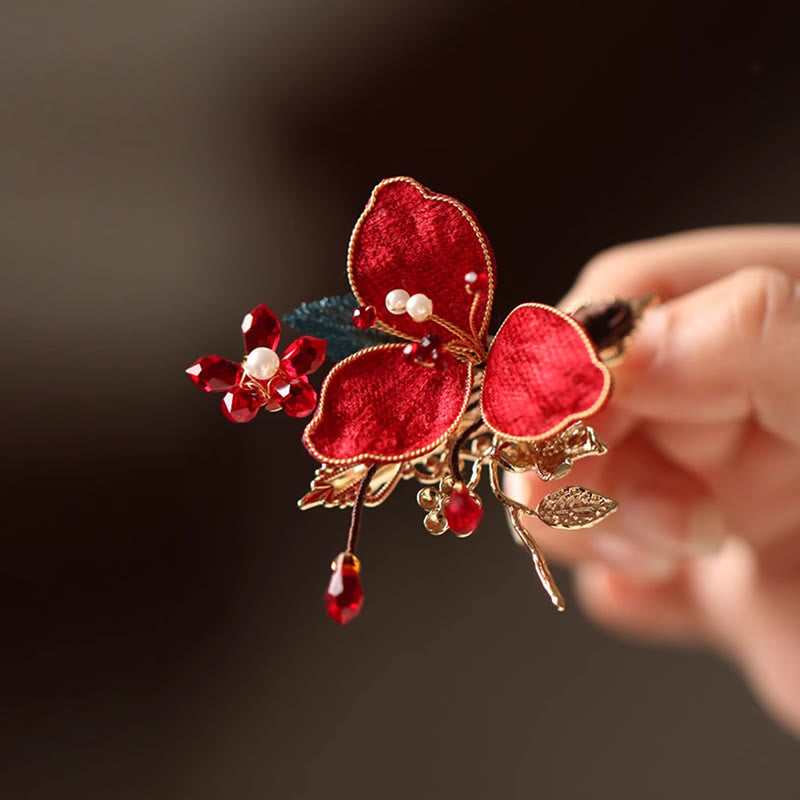 Foviel Classical Chinese Style Red Flower Butterfly Tassel Hair Comb Hairpin