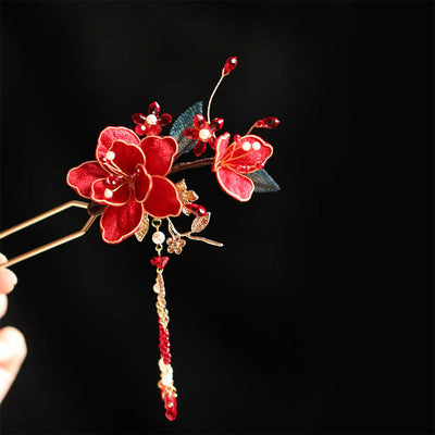 Foviel Classical Chinese Style Red Flower Butterfly Tassel Hair Comb Hairpin