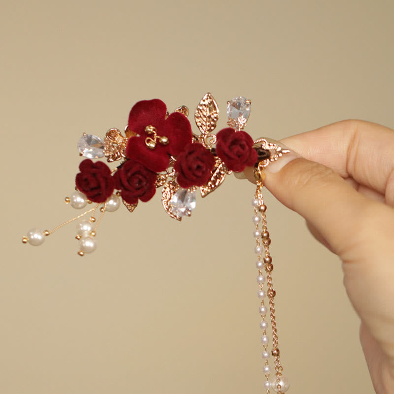 Foviel Retro Chinese Style Red Camellia Flower Tassel Side Hair Clip